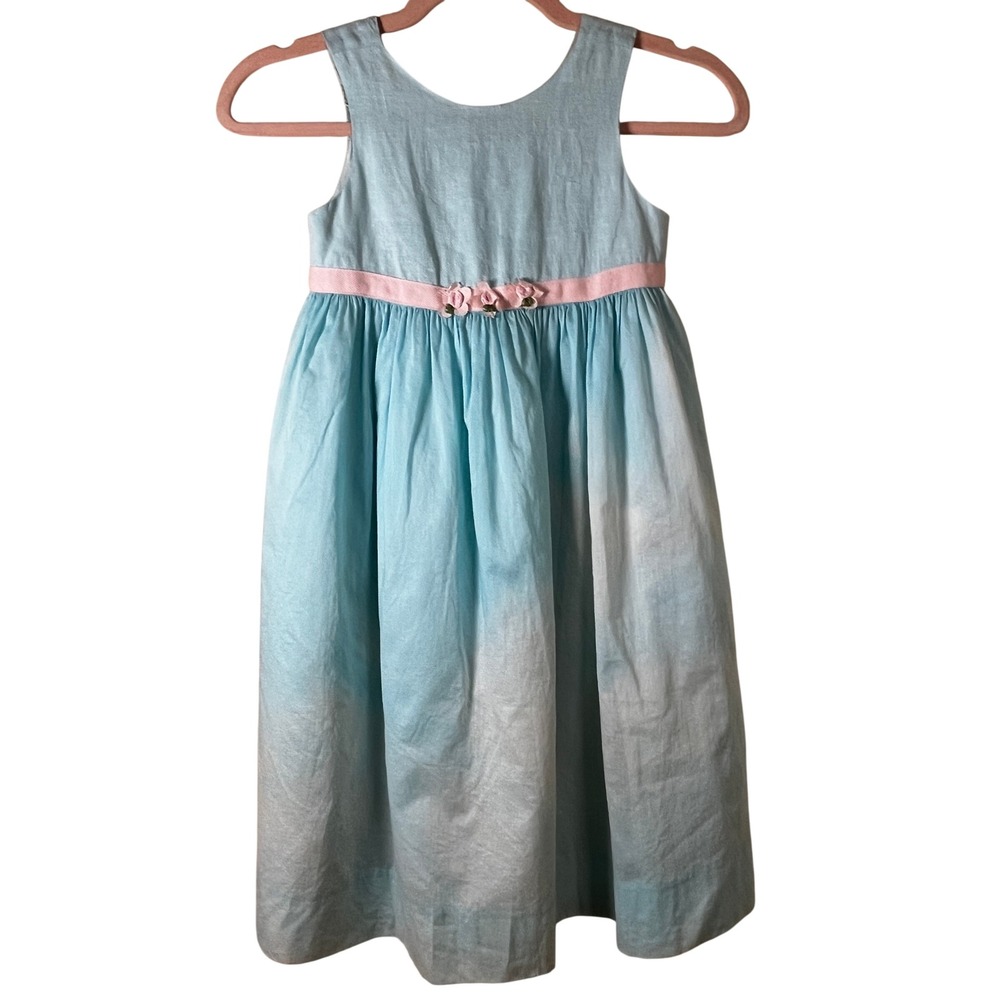 Malley Too Girls Teal 100% Linen Rosette Ombre Party Dress 5 Coquette Pastel